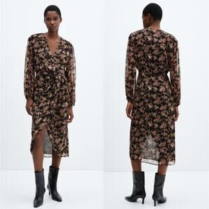 NWT Mango Knot Floral Print Dress Black & Pink Asymmetrical Sheath Size S
